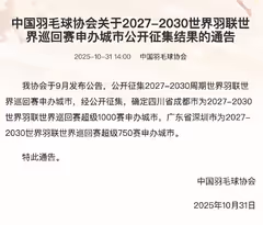 成都承办2027-2030中国羽毛球公开赛